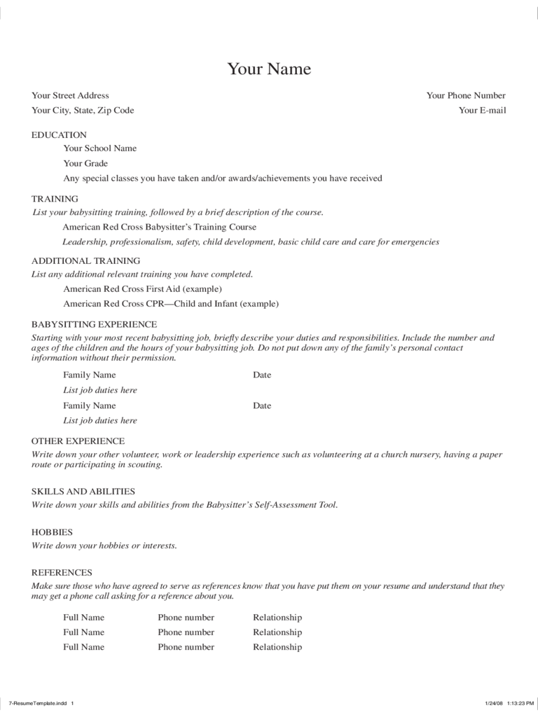 Basic Babysitter Resume Template