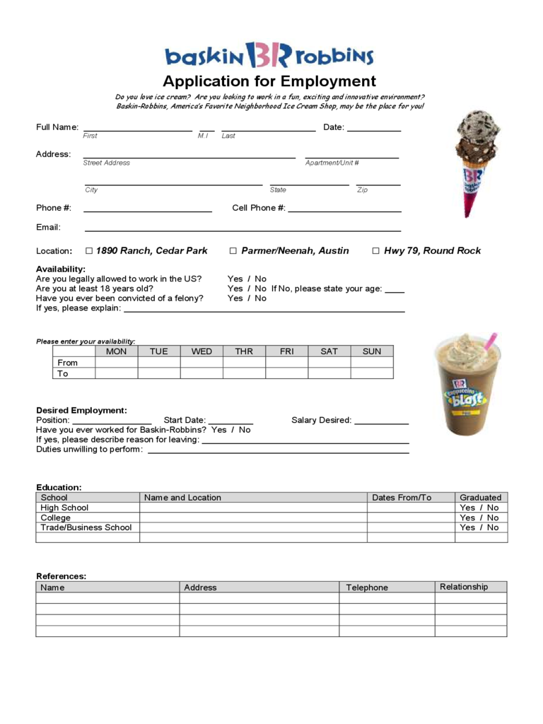 Baskin Robbins Application for Employment Form