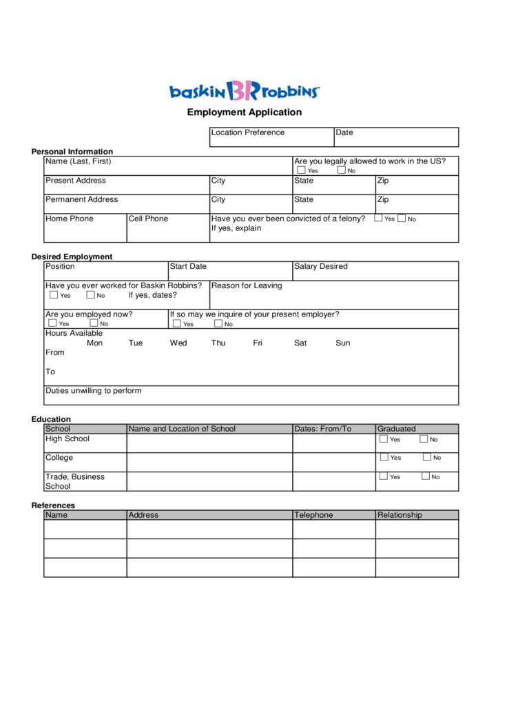 Baskin Robbins Employment Application Form
