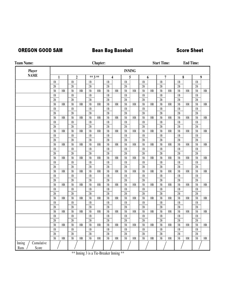 Bean Bag Baseball Score Sheet