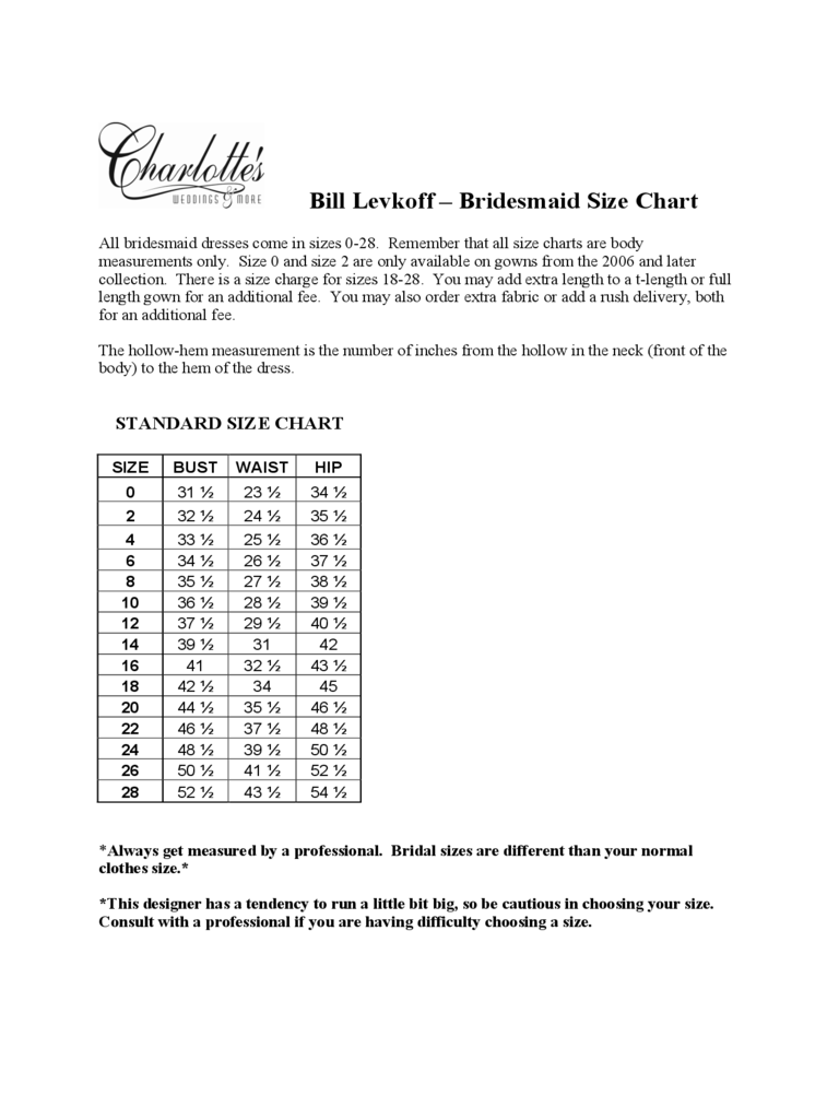 Bill Levkoff - Bridesmaid Size Chart