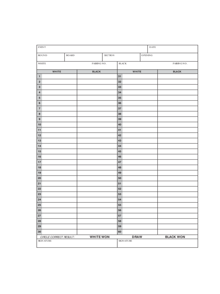 Blank Chess Score Sheet
