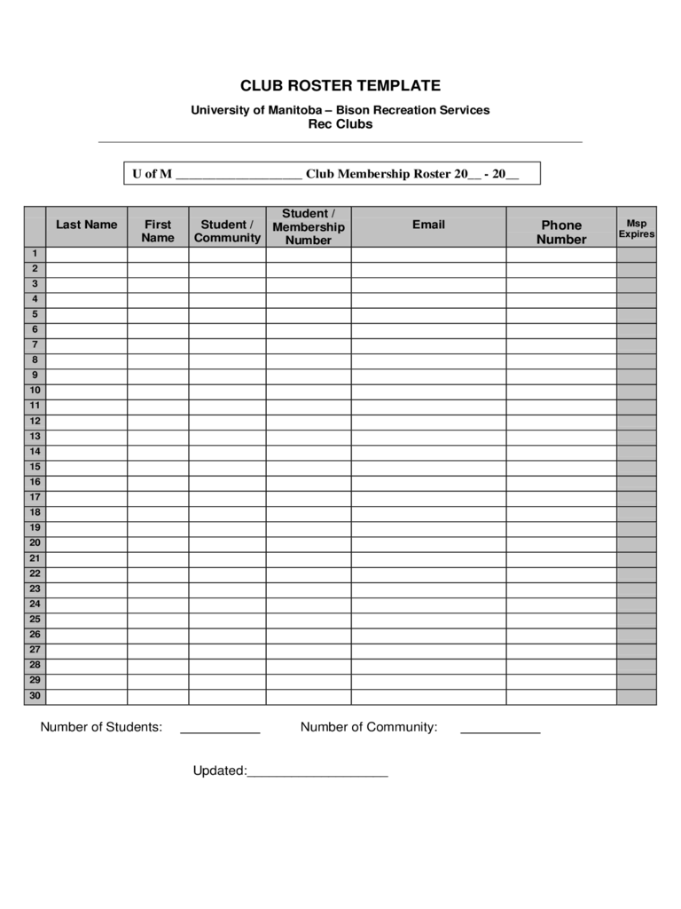 2023 Roster Template Fillable Printable PDF Forms Handypdf