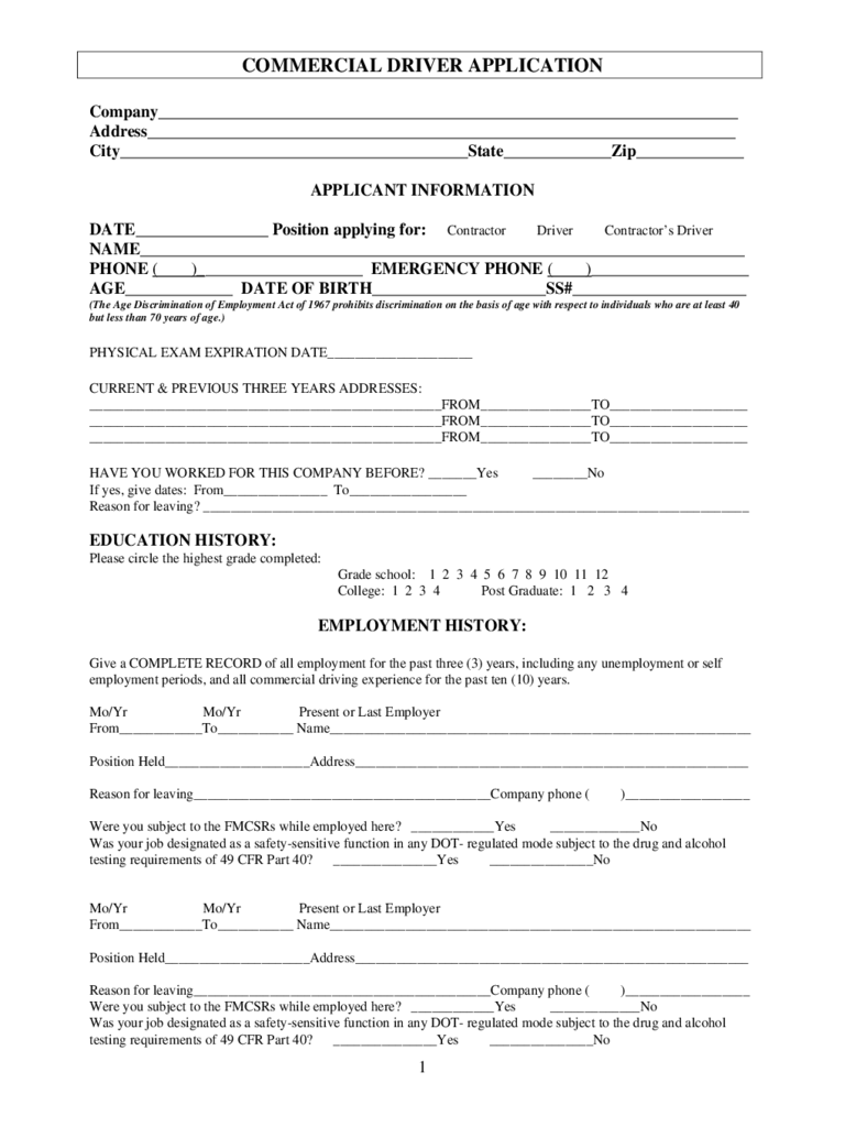 Blank Commercial Driver Application