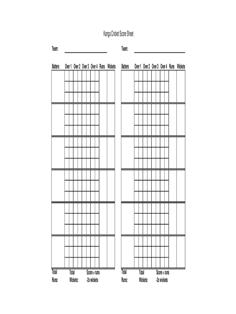 Blank Cricket Score Sheet