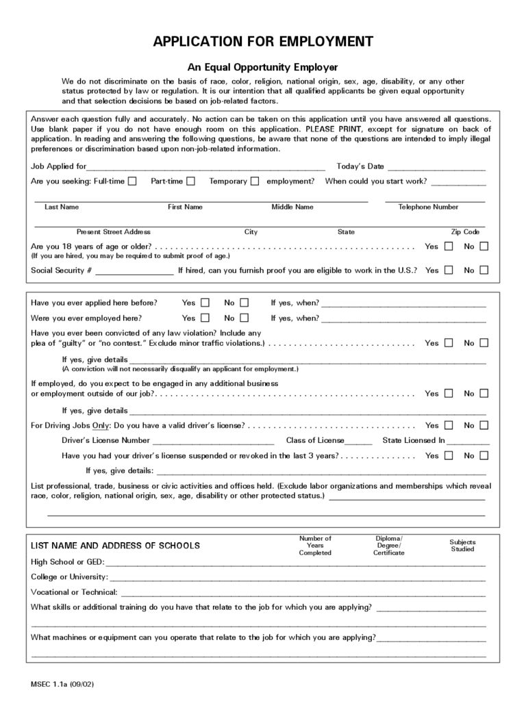 Blank Job Application Form Sample