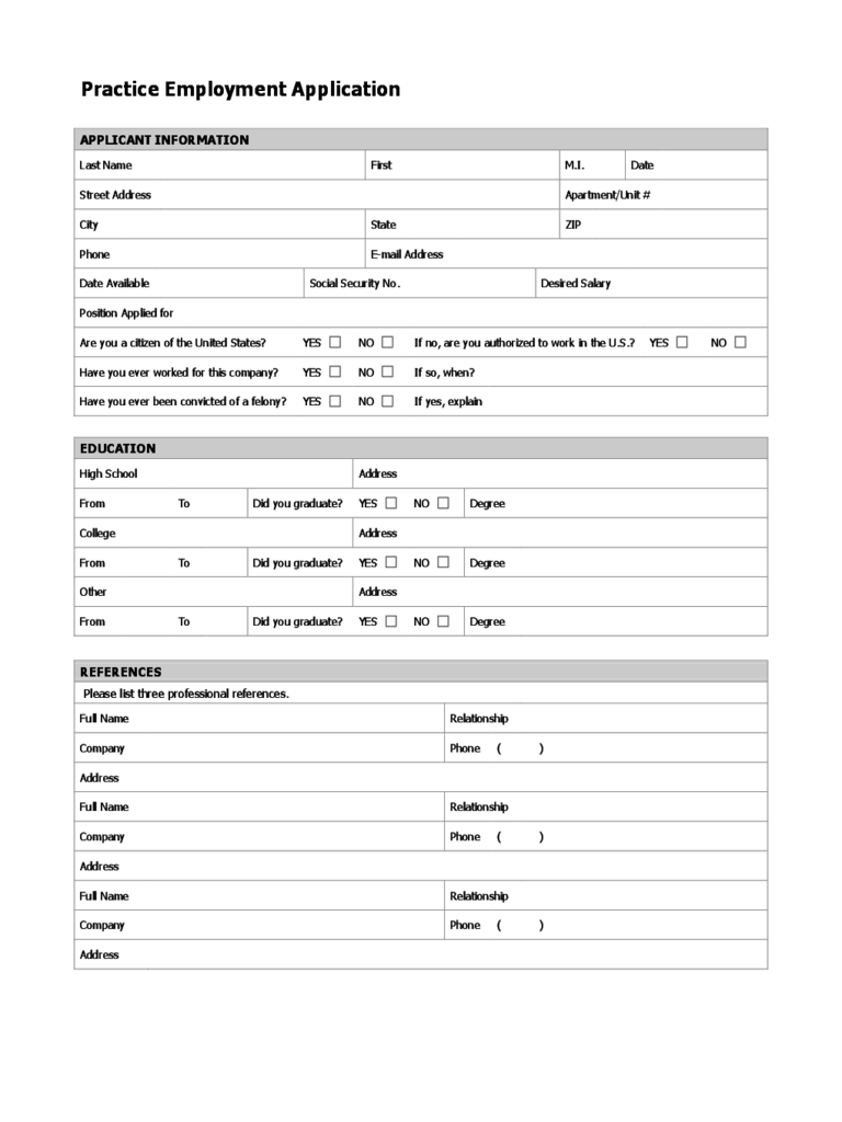 Blank Practice Employment Application Form