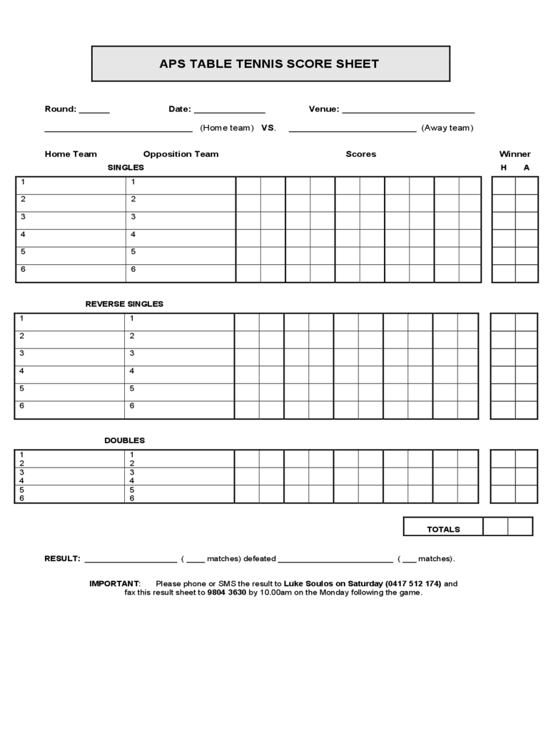 Blank Table Tennis Score Sheet