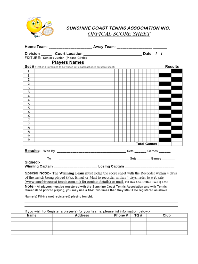 Blank Tennis Score Sheet