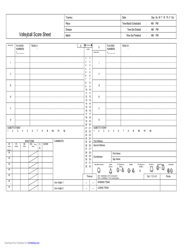 Blank Volleyball Score Sheet