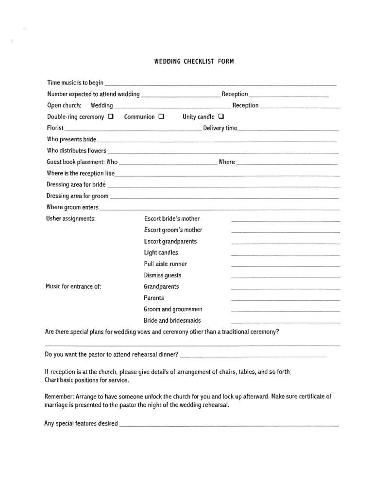 Blank Wedding Checklist Form