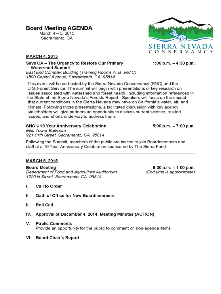 Board Meeting AGENDA - Sierra Nevada Conservancy