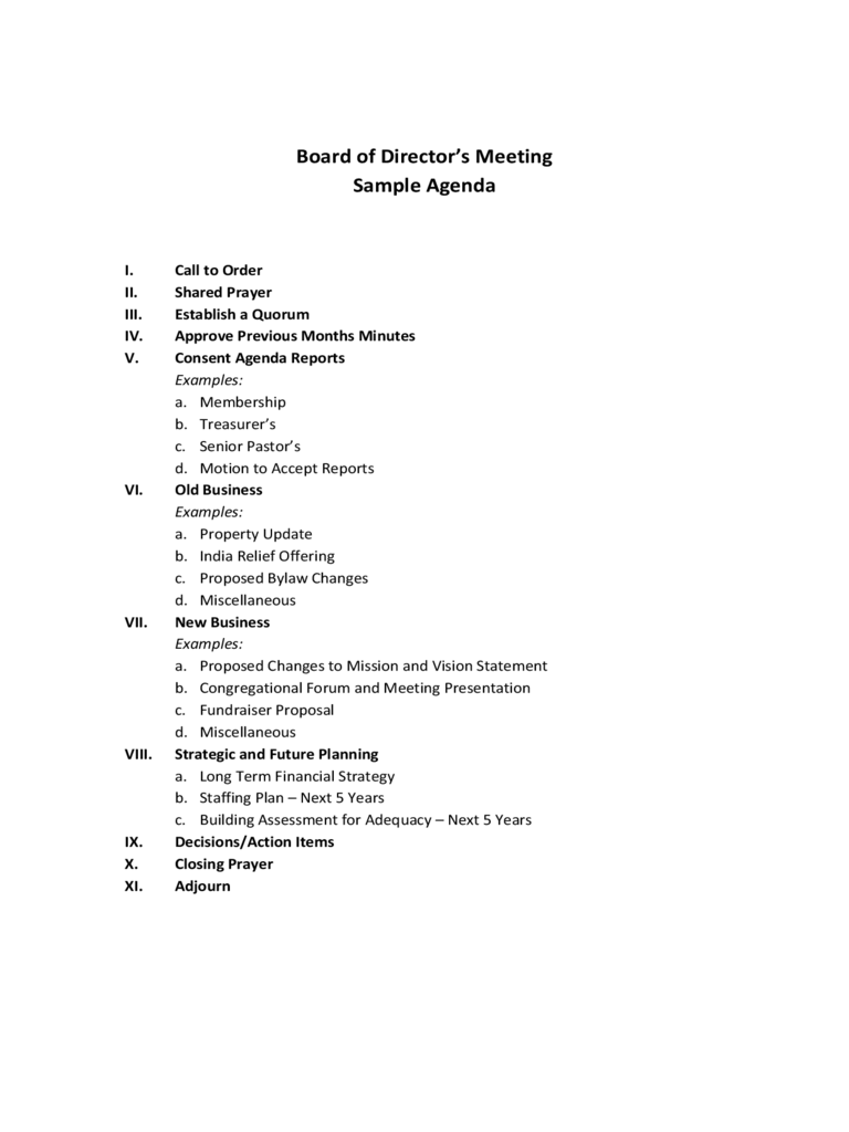 Board of Director's Meeting Sample Agenda Edit, Fill, Sign Online