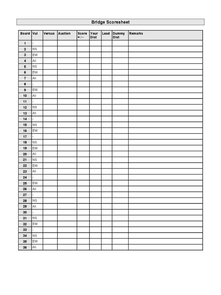 Bridge Score Sheet Sample