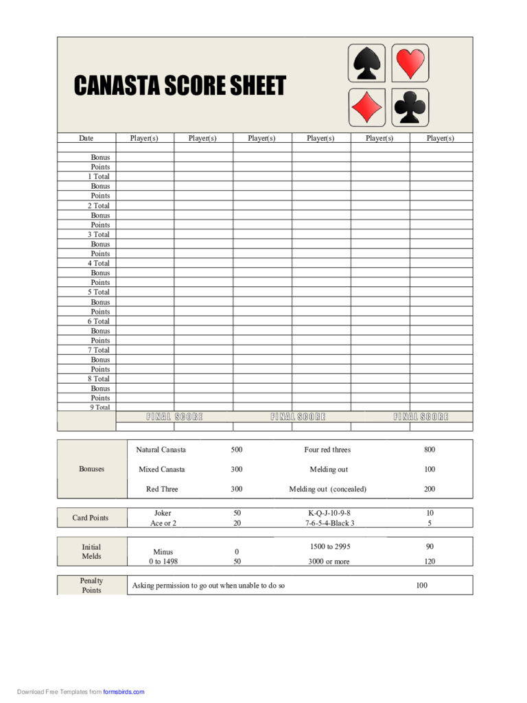 2024 Canasta Score Sheet Fillable, Printable PDF & Forms Handypdf