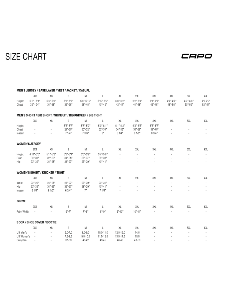 Capo sizing chart