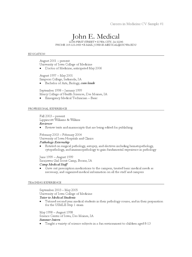 Careers in Medicine CV Sample