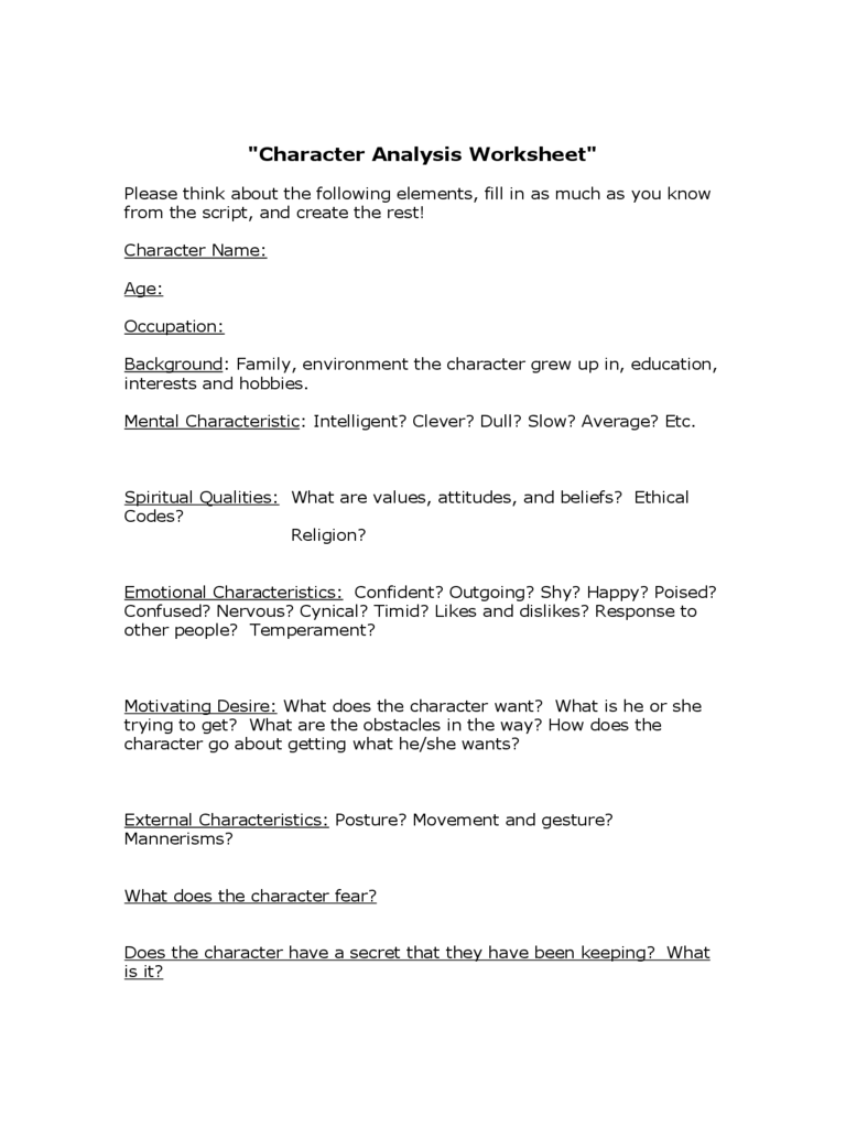 Character Analysis Worksheet