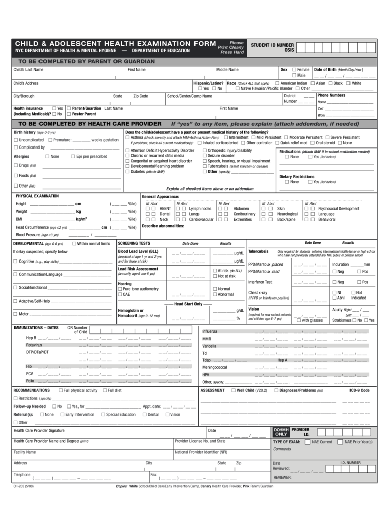 Child & Adolescent Health Examination Form - New York
