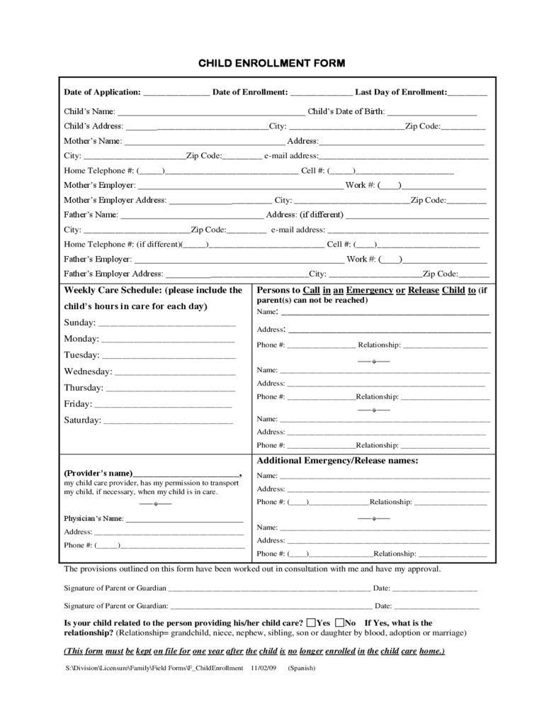 2024 Child Care Enrollment Form Fillable Printable PDF Forms Handypdf