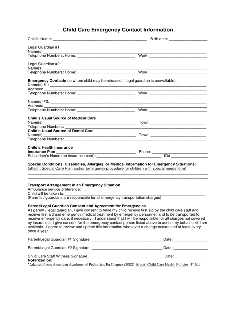 2024 Child Care Emergency Contact Form Fillable Printable PDF 