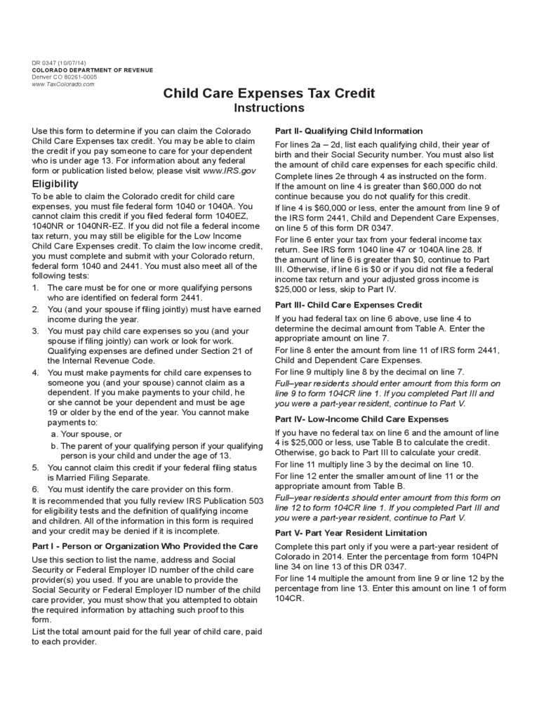 Child Care Expenses Tax Credit - Colorado