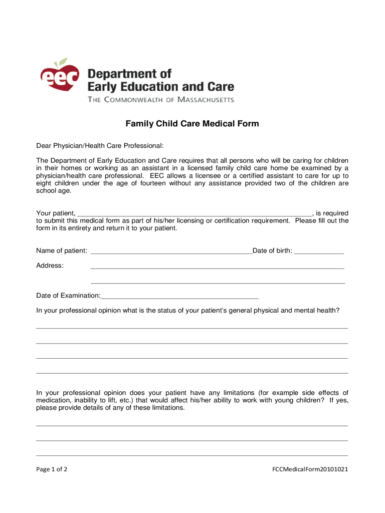 Child Care Medication Form - Massachusetts