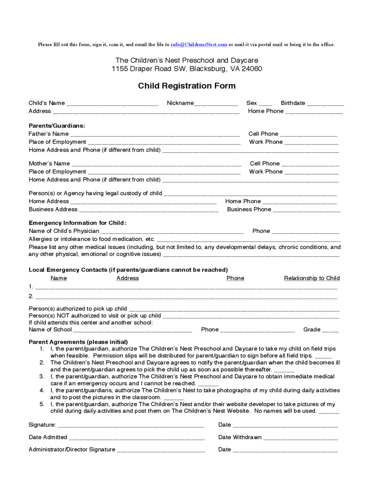 Child Registration Form - The Children's Nest Preschool and Daycare