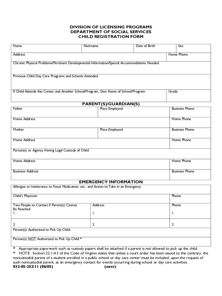 Child Registration Form - Virginia