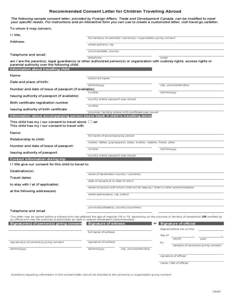 Child Travel Consent Form Template