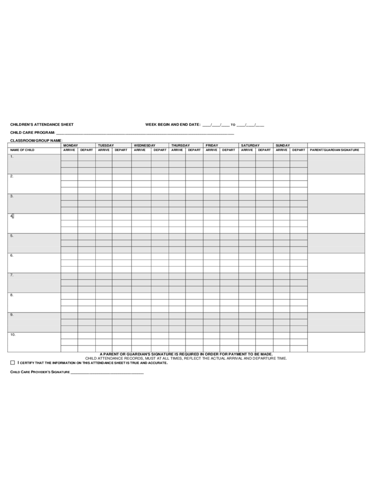 Children Weekly Attendance Sheet