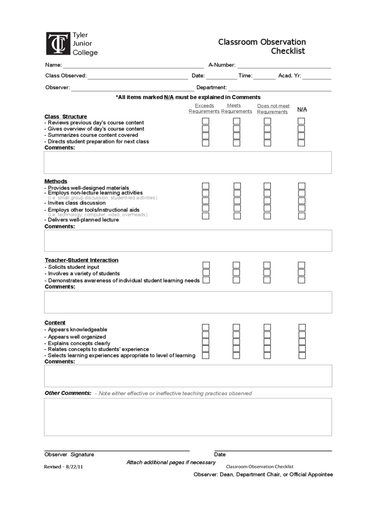 2024 Observation Checklist Template Fillable Printable PDF Forms 
