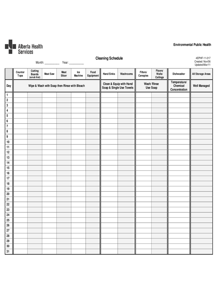 Cleaning Schedule Template - Alberta Health Services