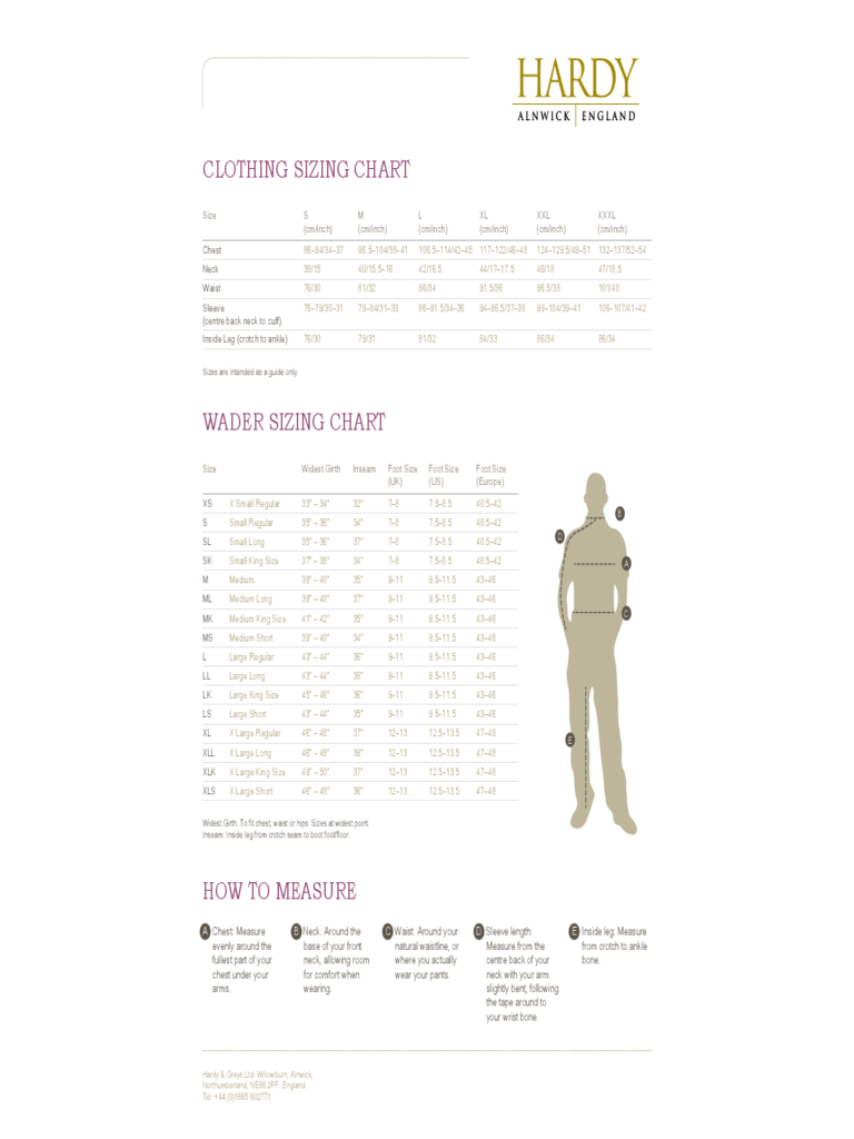 Clothing and Wader Sizing Chart