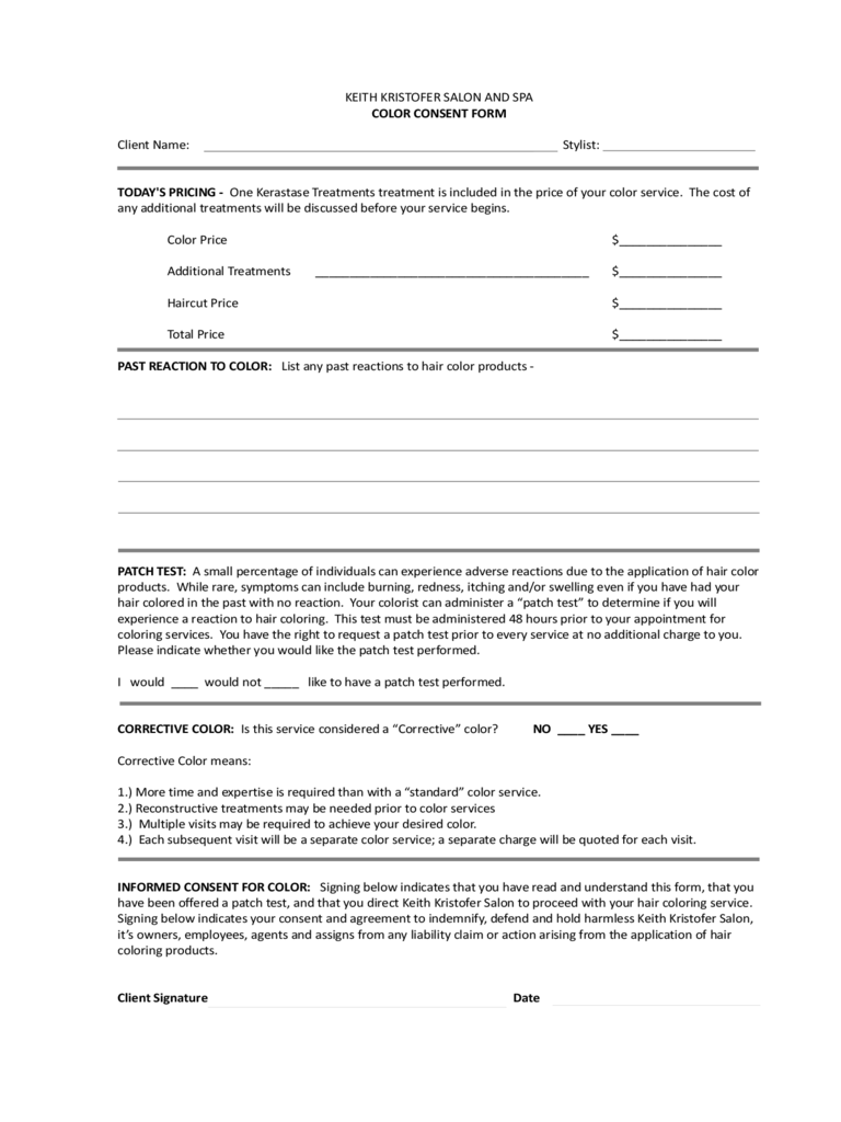 Printable Hair Color Release Form Printable Forms Free Online