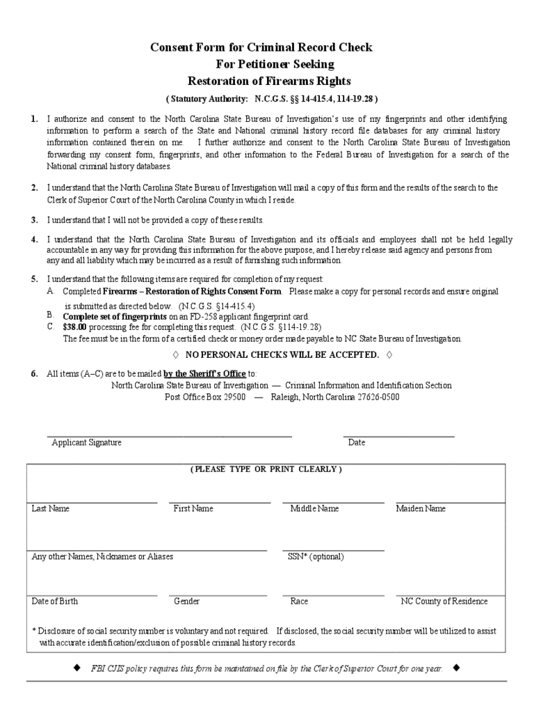 Consent Form for Criminal Record Check For Petitioner Seeking Restoration of Firearms Rights