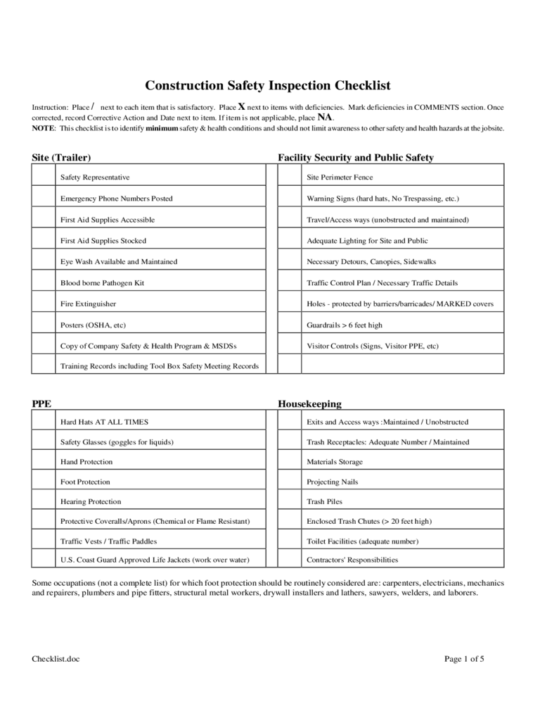 Construction Safety Inspection Checklist   Edit, Fill, Sign Online