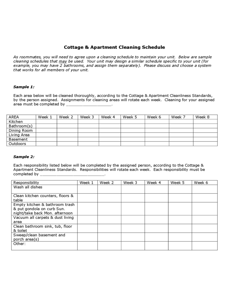 Cottage and Apartment Cleaning Schedule