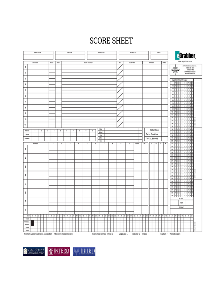 Cricket Score Sheet - NCCA
