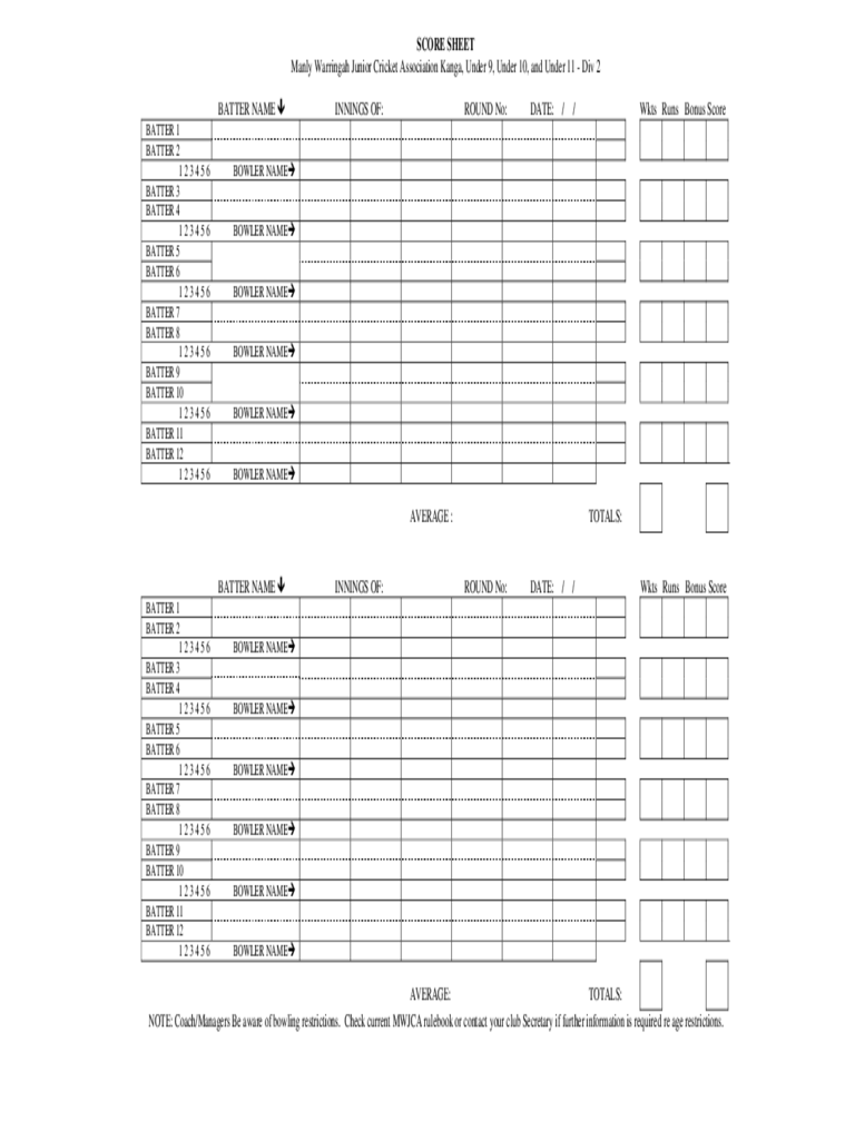 Cricket Score Sheet Template
