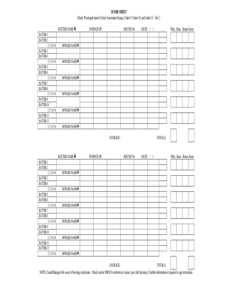 2023 Cricket Score Sheet Fillable Printable PDF Forms Handypdf