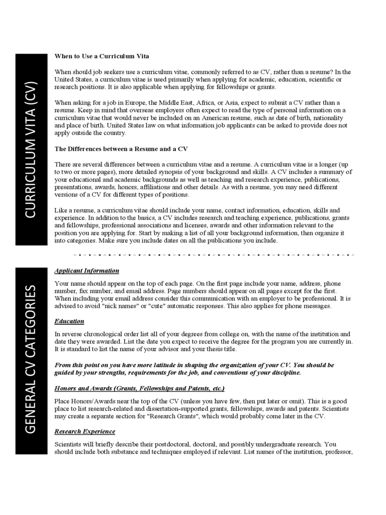 Curriculum Vita (CV) General CV Categories