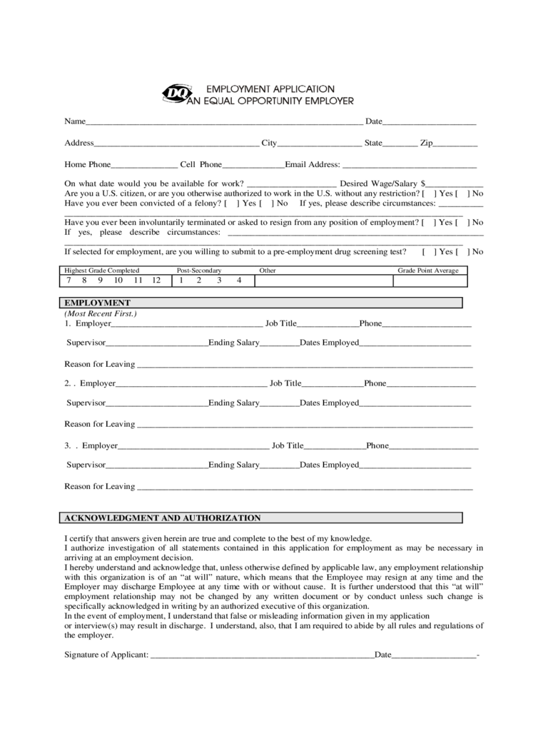 Dairy Queen Employment Application Form