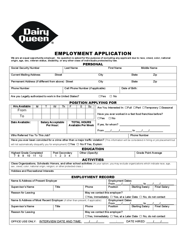 Dairy Queen Job Application Form