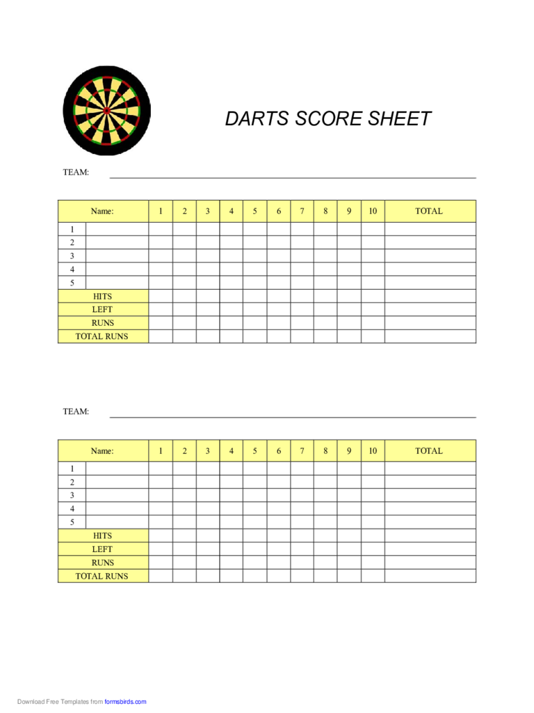 Printable Darts Score Sheet Template