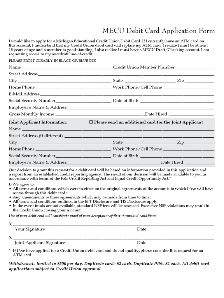 Debit Card Application Form - Michigan