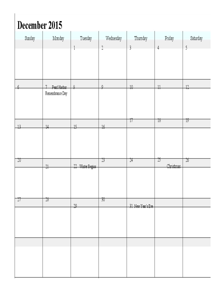 December 2015 Calendar Sample
