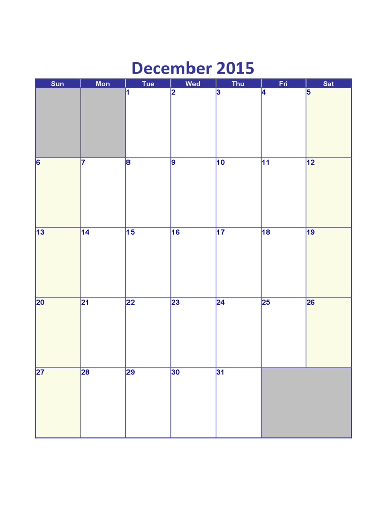 December 2015 Calendar Sample Template