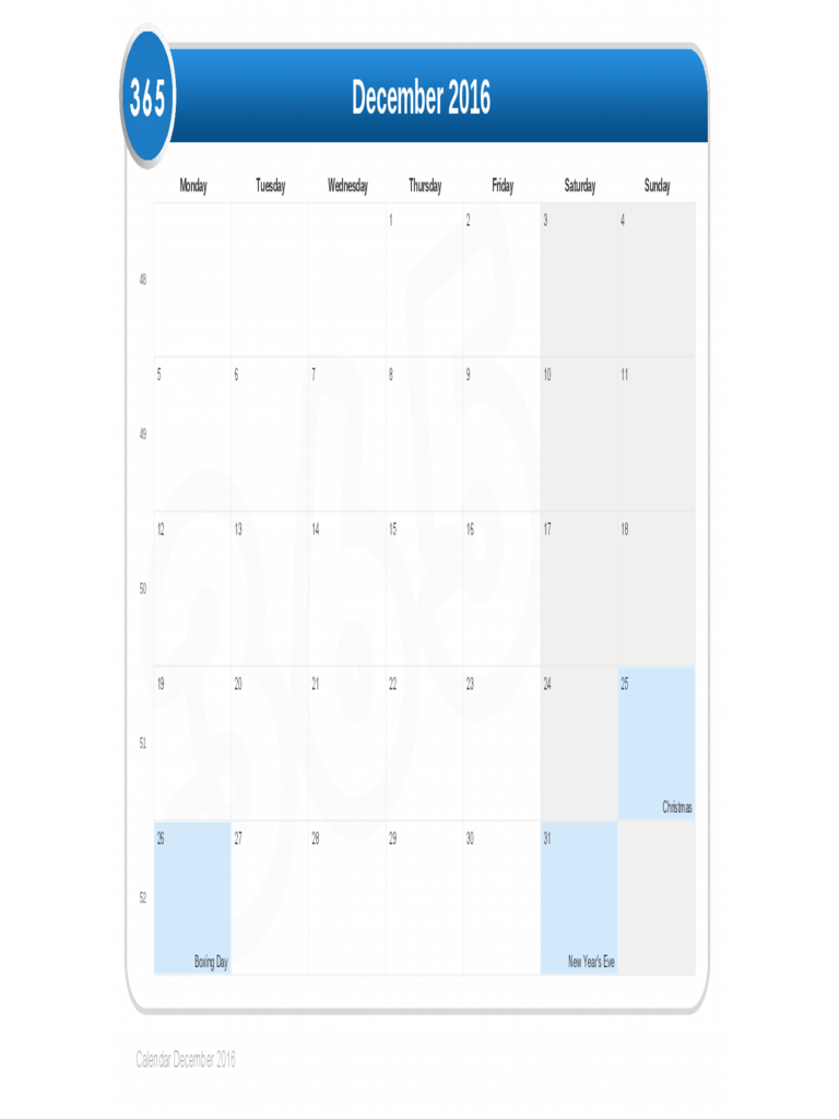 December 2016 Calendar Format
