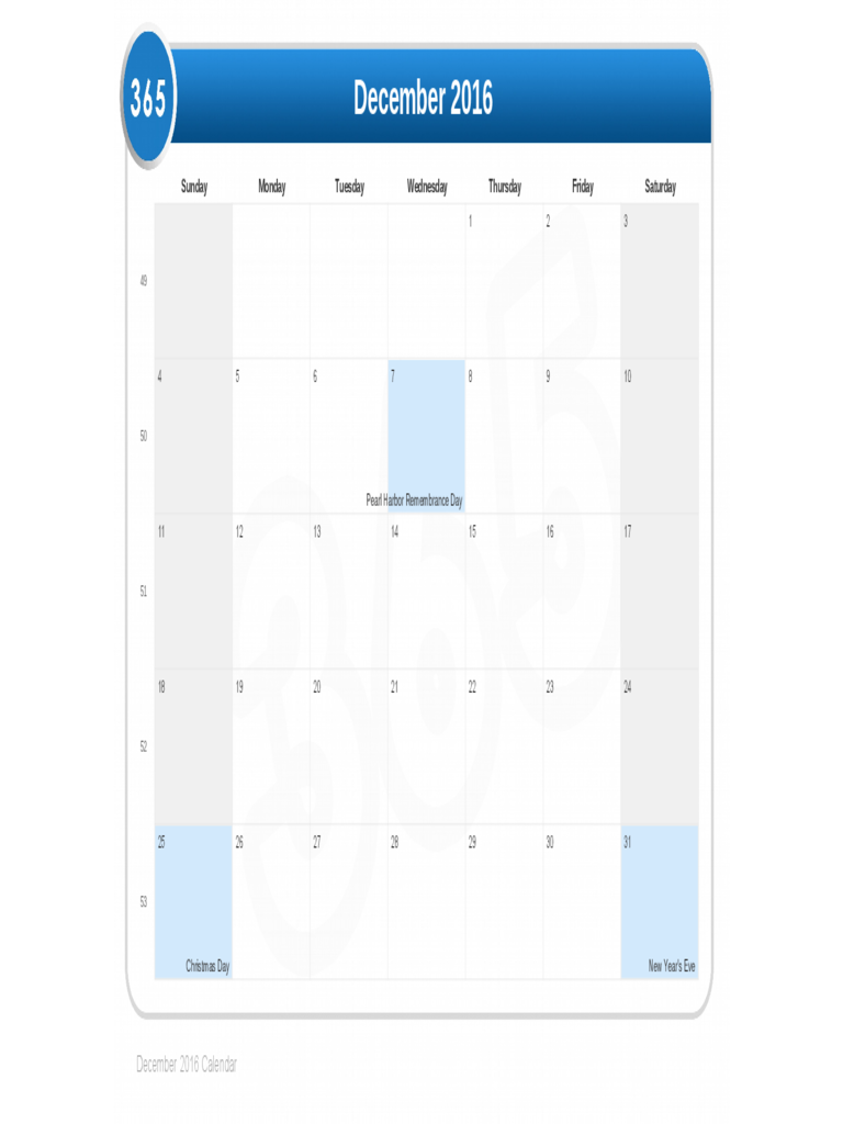 December 2016 Calendar Sample